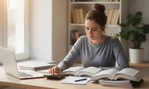 Młoda kobieta z włosami upiętymi w kok uczy się do matury, korzystając z laptopa, książek i kalkulatora.