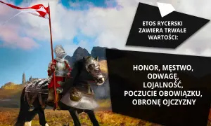 Rycerz w zbroi na koniu z flagą, na tle gór i chmur.