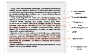 Fragment tekstu o Harrym Potterze z wyróżnionymi cechami postaci i ich opisami.