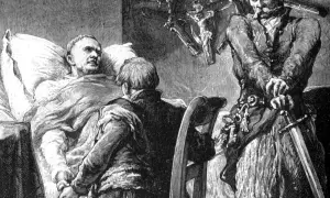 Ilustracja z "Pana Tadeusza": chory leży w łóżku, obok niego klęczy młody mężczyzna, a po prawej stoi z mieczem kapitan Ryków.