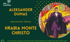Ilustracja z Hrabia Monte Christo w fioletowym płaszczu, trzymający laskę i kapelusz.