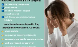 Kobieta z rękami na skroniach, odczuwająca ból głowy i zmęczenie.
