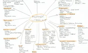 Mapa myśli z hasłem "Motywy literackie" w centrum i rozchodzącymi się kategoriami, np. "Miłość", "Śmierć", "Sen".