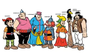 Postacie z komiksu Kajko i Kokosz: Kajko, Kokosz, Lubawa, Mirmil, Ciotka Jaga, Gdaś i Zbój Kamignat.