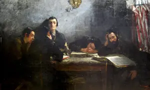Obraz przedstawia grupę mężczyzn pochylonych nad stołem, z książkami i flagami w tle.