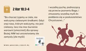 Ilustracja przedstawia dwie sylwetki wojowników walczących ze sobą, symbolizujące walkę duchową.