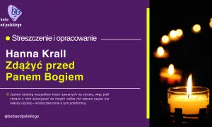 Płonąca świeca na ciemnym tle, obok tekst o książce Hanny Krall "Zdążyć przed Panem Bogiem".