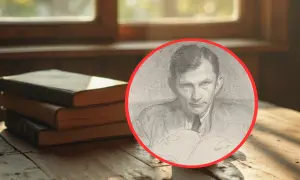 Ołówek portret mężczyzny czytającego książkę, obok stosu starych ksiąg na drewnianym stole.
