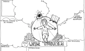 Rysunek przedstawia postać Konrada w centrum, otoczoną przez symboliczne elementy: oko opatrzności, otwartą księgę i tłum ludzi.