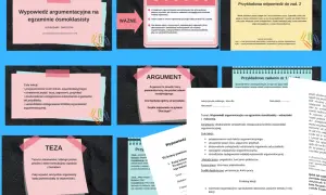 Grafika przedstawia materiały edukacyjne dotyczące wypowiedzi argumentacyjnej na egzaminie ósmoklasisty.