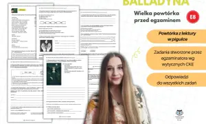 Dziewczyna z zeszytami i materiałami do powtórki przed egzaminem ósmoklasisty z lektury "Balladyna".