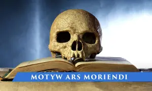 Czaszka na otwartej księdze na tle ciemnego nieba.