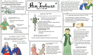 Ilustracja z "Pana Tadeusza": Kusy i Sokół, generałowie, Tadzio z Zosią, krzyż Legii Honorowej.