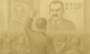 Mężczyzna z podniesioną ręką przed tłumem i portretem surowego przywódcy z napisem "STOP".