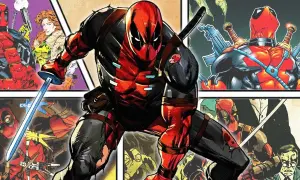 Komiksowa kolaż z Deadpool w centrum, otoczony innymi panelami z jego wizerunkiem.