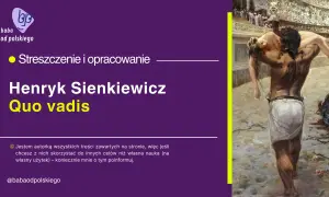Obraz przedstawia scenę z powieści "Quo Vadis": mężczyzna niesie kobietę, w tle widać amfiteatr.