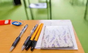 Długopisy i notes z lawendą na drewnianym biurku.
