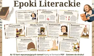 Ilustracja przedstawia kolaż z epok literackich, z portretami pisarzy i grafikami.