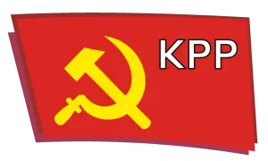 Czerwona chorągiew z żółtym sierpem i młotem oraz napisem KPP.