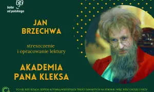 Portret Pana Kleksa z brodą i okularami na tle zielonej grafiki z kropkami.