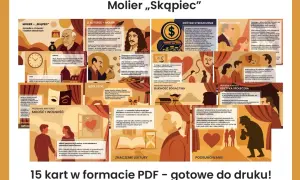 Ilustracja przedstawia kolaż grafik i cytatów z "Skąpca" Moliera, z dominującymi postaciami i symbolami.