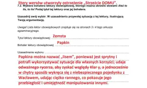 Fragment tekstu z polskiego egzaminu ósmoklasisty, zawierający pytania i odpowiedzi dotyczące lektur.
