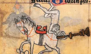 Ilustracja z rękopisu: akrobata na koniu trzymający drewniany przedmiot.