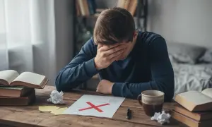 Młody mężczyzna z ręką na twarzy siedzi przy biurku z książkami i pracą z czerwonym krzyżykiem.