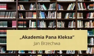 Półki z książkami, na środku żółty prostokąt z napisem „Akademia Pana Kleksa” i Jan Brzechwa.