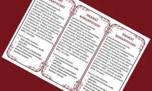 Trzy karty z tekstem o dramacie romantycznym, z ozdobnymi ramkami.