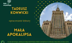 Pałac Kultury i Nauki w Warszawie na tle nieba, z tekstem "Mała Apokalipsa" i logo.
