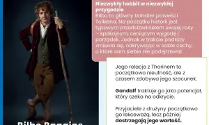 Bilbo Baggins, hobbit z laską, w stroju podróżnym.