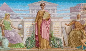 Mozaika przedstawiająca alegorie mitologii, historii i tradycji z postaciami i budowlami.