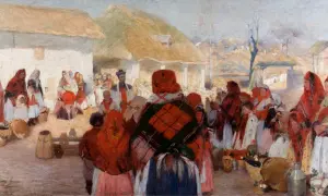 Grupa ludzi w tradycyjnych strojach ludowych na tle wiejskich chat.