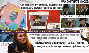 Okładka książki "Lalka", mem z Wokulskim, fragmenty filmu i kobieta mówiąca do mikrofonu.