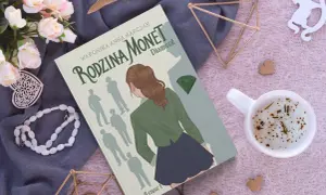 Okładka książki "Rodzina Monet: Diament" z dziewczyną i sylwetkami rodziny.