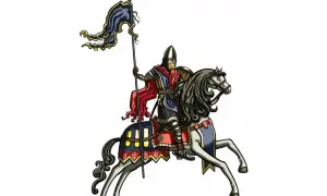 Ilustracja rycerza w zbroi na koniu z włócznią i flagą.