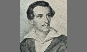 Portret mężczyzny w stylu romantycznym, z wąsami i bujnymi włosami, w białej koszuli i ciemnej marynarce.