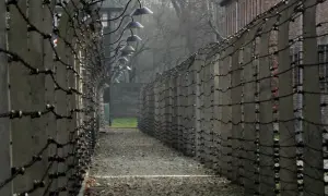 Ścieżka między betonowymi słupami i drutem kolczastym, z latarniami nad głową.