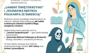 Postać Śmierci, modląca się Matka Boska, krzyż, księga i klepsydra.