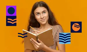 Młoda kobieta z zeszytem i długopisem, otoczona geometrycznymi kształtami.