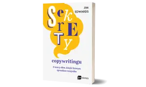 Okładka książki "Sekrety copywritingu" Jima Edwardsa z żółtymi dymkami i fioletowymi literami.