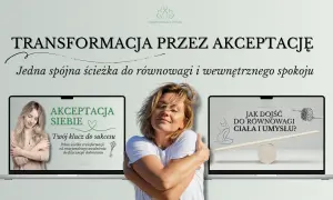 Kobieta obejmująca się na tle dwóch laptopów z grafikami o akceptacji siebie i równowadze ciała i umysłu.