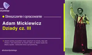 Grafika z portretem mężczyzny w stroju ludowym i tekstem "Adam Mickiewicz Dziady cz. III".