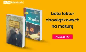 Dwie okładki książek: "Przedwiośnie" i "Skąpiec", na żółtym tle.