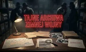 Biurko z mapą, dokumentami "ściśle tajne", zdjęciami i lupą, w tle agenci KGB.