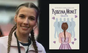Uśmiechnięta dziewczyna z warkoczami obok okładki książki "Rodzina Monet: Skarb".