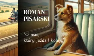 Pies siedzi w pociągu, patrząc przez okno na mijający krajobraz i przejeżdżający pociąg.
