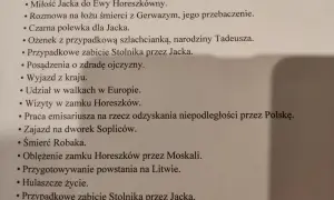 Lista punktowana z wydarzeniami z "Pana Tadeusza", w tym zabójstwo Stolnika.
