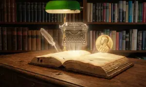 Otwarta księga, pióro, maszyna do pisania i medal Nobla na tle biblioteczki.